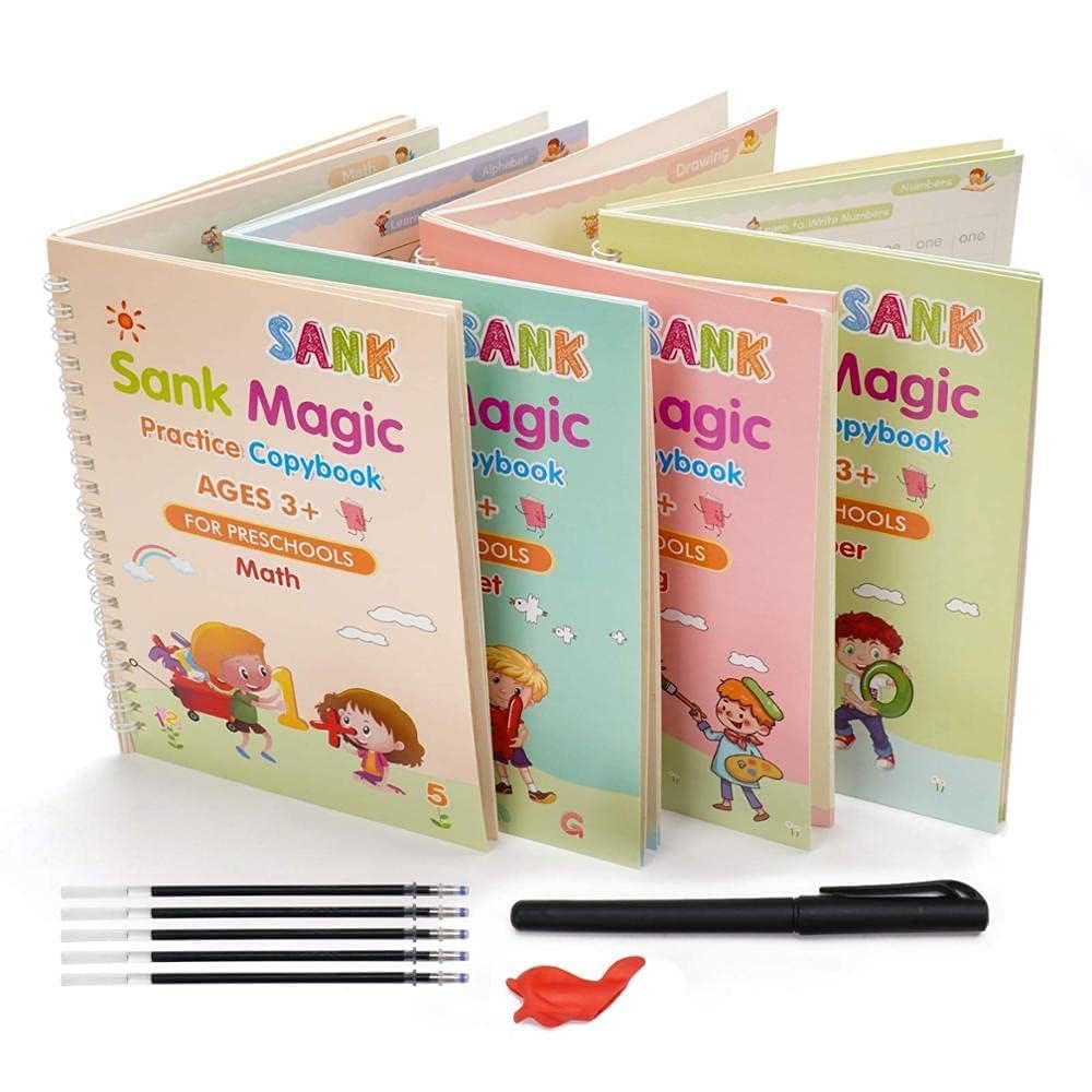Sank Magic Practice Copybook, (4 Books + 10 REFILL+1 Pen +1 Grip) Number Tracing Book for Preschoolers with Pen, Magic Calligraphy Copybook Set