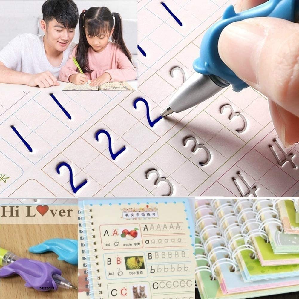 Sank Magic Practice Copybook, (4 Books + 10 REFILL+1 Pen +1 Grip) Number Tracing Book for Preschoolers with Pen, Magic Calligraphy Copybook Set